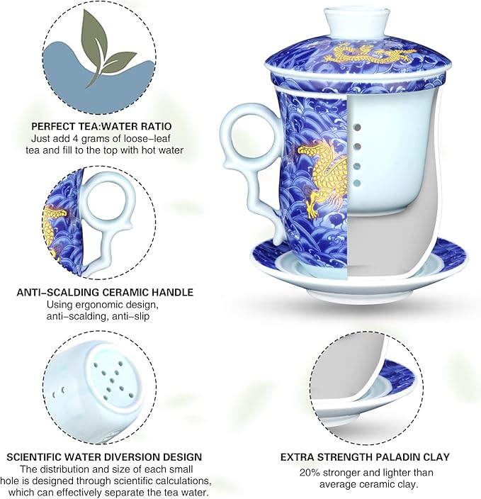 Tea Cup with Infuser Lid and Saucer Sets - Jingdezhen Ceramics Mug Chinese Porcelain Teacup Loose Leaf Tea Brewing System for Home Office Personal Portable Mug TC400 - Blue, 13.5oz / 400ml