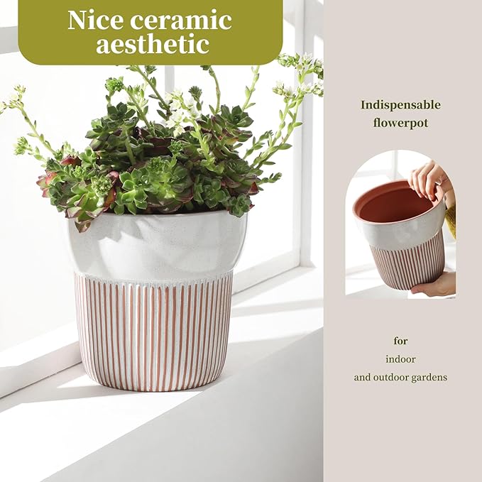 6.5 inch Terracotta Pot for Plants, Ceramic Plant Pot for Succulents, Cacti, Herbs, Vertical Ribbed Design,Planter Pot for Dried and Fresh Plants