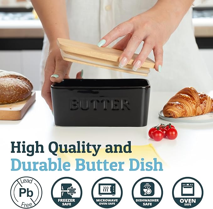 PriorityChef Extra Large Butter Dish with Lid for Countertop, Ceramic Butter Container With Airtight Cover, Butter Keeper for Counter or Fridge, Black Butter Holder Storage