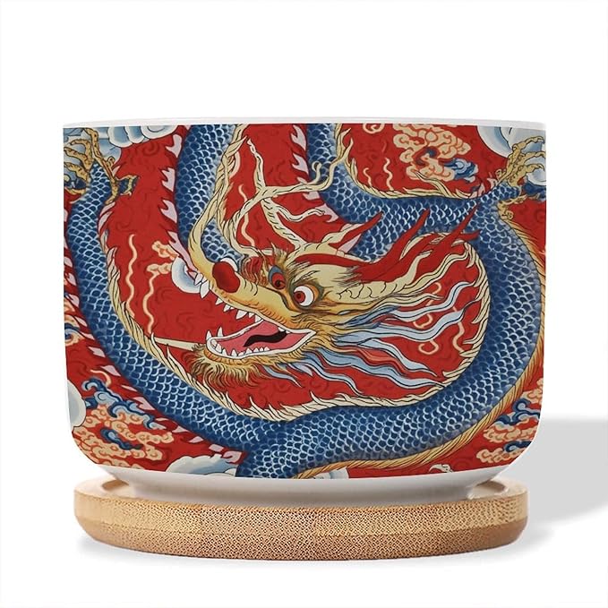 Red and Auqa Dragon Small Planters Ceramics Set of 3 Chinoiserie Dragon Ceramics Planters with Drainage Bamboo Trays Asian Scenery Chic Chinoiserie Houseplant Pot