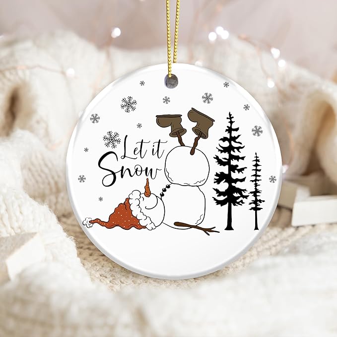 Funny Snowman Ornament 2025, Let It Snow Ornament – Gift for Family and Friends – Cute Fallen Snowman with Santa Hat and Boots – Humorous Holiday Decoration, Winter Tree Ceramic Gift