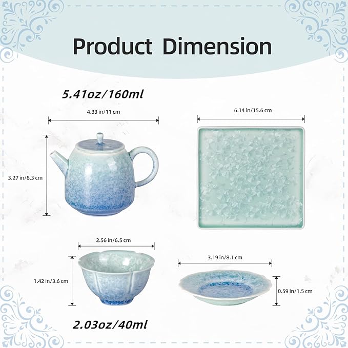 Tea Set for Adults Porcelain Tea Pot and Tea Cups Set, Blue and Cyan Gradient Japanese Ceramic Tea Cups and Saucers Set, Chinese Gong Fu Tea Set (2 Saucer+ 2 Floral Cups +1 Tea Pot + 1 Square Plate)