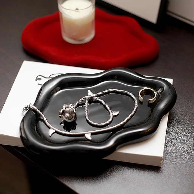 Jewelry Dish Trinket Tray for Women, Ring Dish Holder, Unique Cloud Shape Ceramic Plate Cute Things Vanity Aesthetic Room Decor Mother's Day Birthday (Balck)