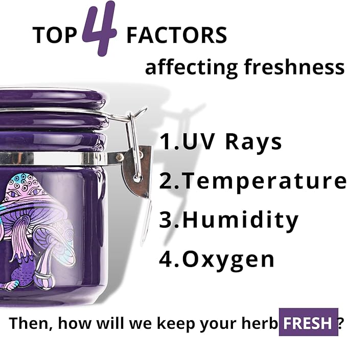 Mushroom Smell Proof Container Half Oz (250ml), Separate Space for Humidity Pack To Keep Herbs Fresh For Months - Cute Girly Stash Jar, Smell Proof Case Airtight Storage Holder Accessories - Purple