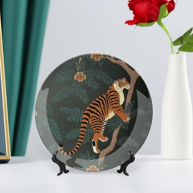 Tiger And Peacock China Plates, Wild Tiger Stripe Forset Chinoiserie Customize Hanging Decorative Tiles for Art Decoration Club Table Decor, with Vertical Stand Art Decorations for Display Household