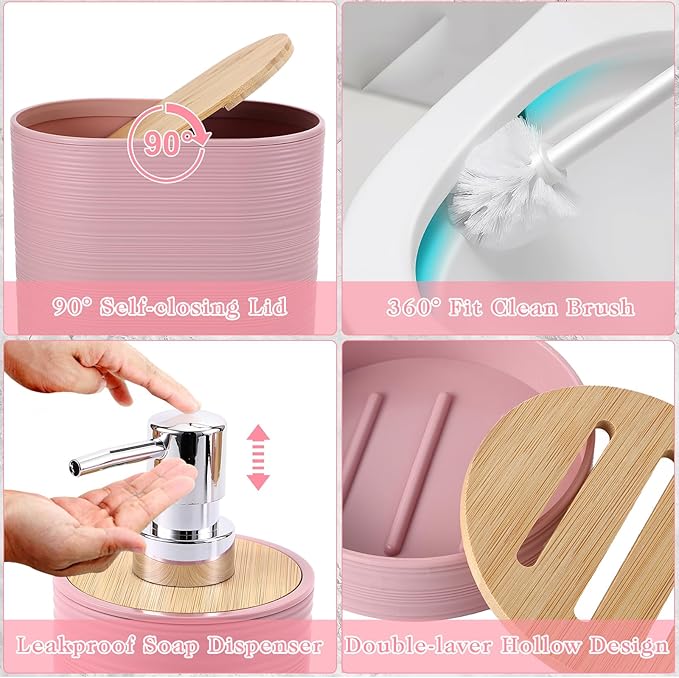 Pink Bathroom Set, Pink Bathroom Accessories Set with Trash Can, 2PCS Soap Dispensers, Soap Dish, Toothbrush Holder, Toothbrush Cup,Toilet Brush, Tray and Qtip Holders for Bathroom Decor