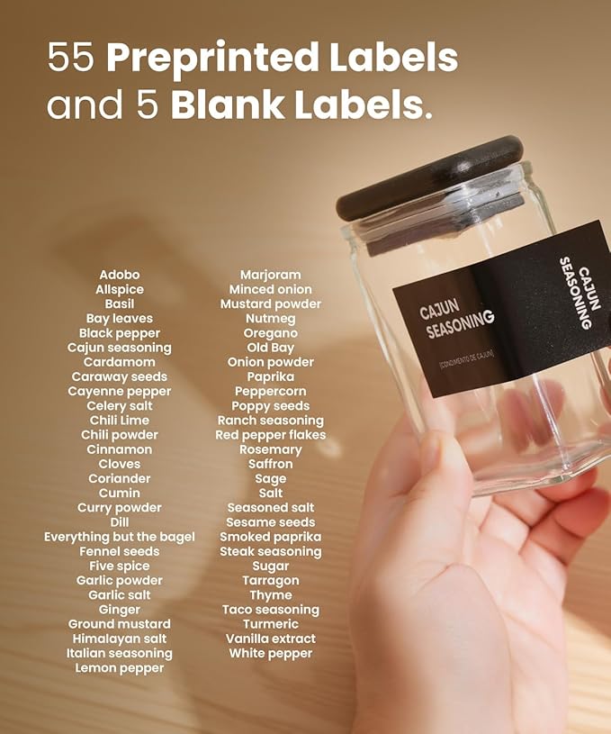 APT 1101 4 oz Glass Square Spice Jars with Labels, Glass Jars with Bamboo Lids, Spice Bottles, Seasoning Organizer, 12 Pack (Black)