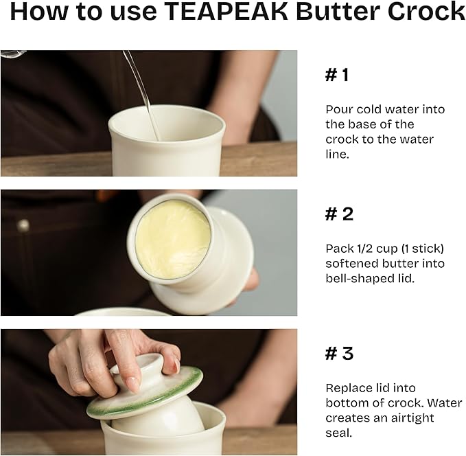 Stoneware Butter Crock with Lid, Ceramic Butter Dish with Water Line, Countertop Butter Keeper, Butter Holder for Countertop, Ombre Green
