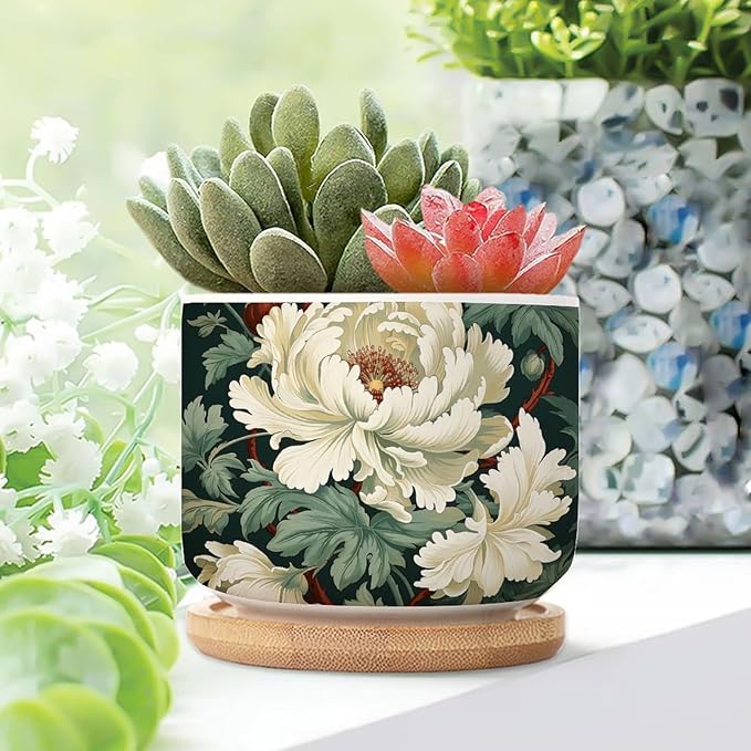 Egg Green and White Floral Small Pot for Flowers Set of 3 White Chinoiserie Flower Ceramics Pots for Plants with Drainage Bamboo Trays Chinoiserie Cactus Planter