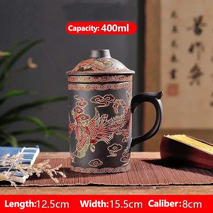 Ceramic Teacup, Chinese Hand Painted Purple Clay Tea Mug with Lid and Infuser, (13oz) Zisha Water Mug Drinkware for Office Home (black phoenix)