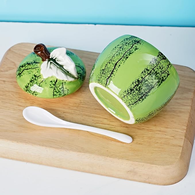 Hand-painted Ceramic Fruit Shape Sugar Bowl Spice Jar Seasoning Pot with Lid Spoon (Watermelon)