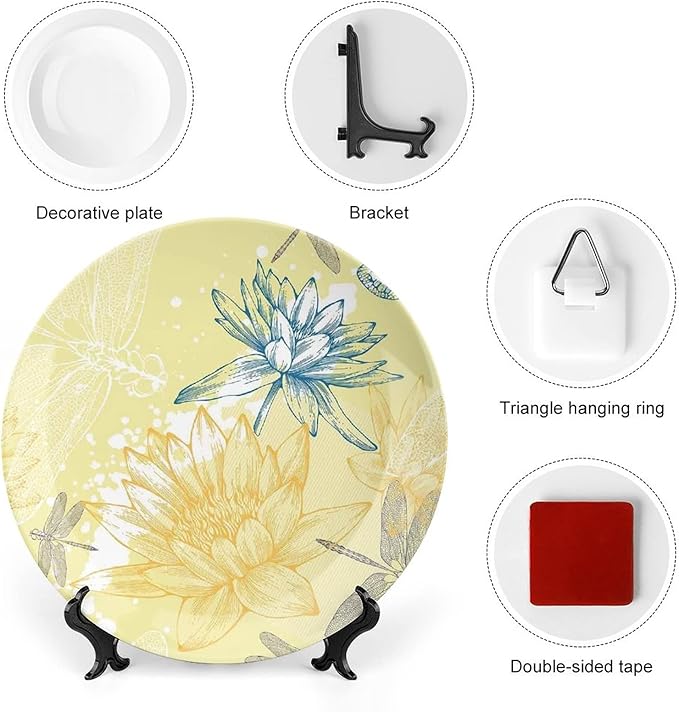 XISUNYA 8 Inch Decorative Plate,Dragonfly Ceramic Craft, Boho Style Plants and Spiritual Dragonflies Sketchy Print Ornament Display Plate Decor Accessory for Dining, Parties, Wedding