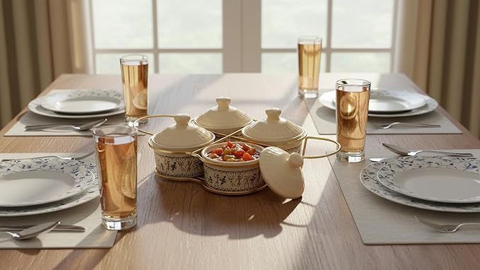 Set of 4 Ceramic Containers With Lid & Metal Rack - 5 Oz (150 ml) – Glazed Condiment Holders For Kitchen Counter, Food Storage Jars for Pickle, Dry Fruits, Sauces, Chutneys, Spices, Home Dining Decor