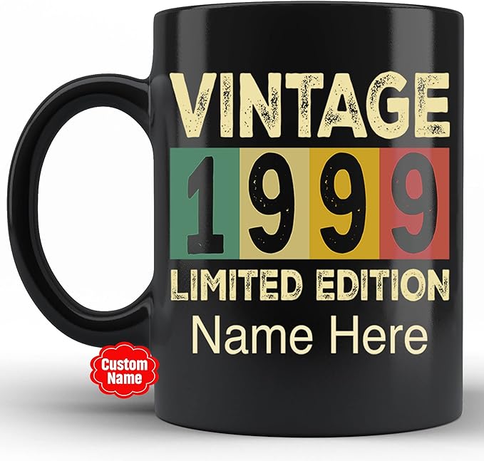 PREZZY Vintage 1999 Limited Edition 24th Birthday Decorations Personalized Gifts for Women Men Mothers Day Fathers Day Gift 24 Year Old Birthday Mug Customized Name Ceramic Black Tea Cup 11oz 15oz