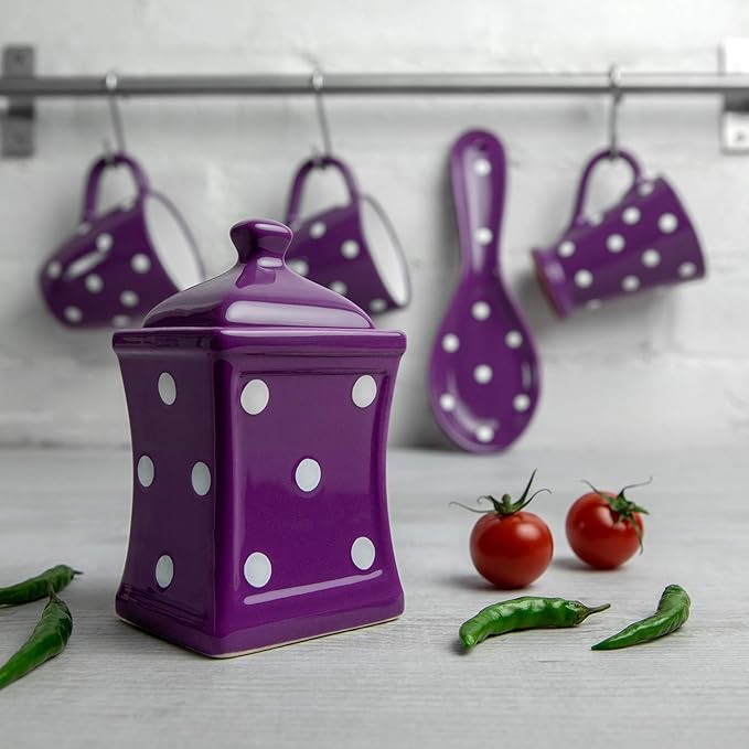 City to Cottage Handmade Small 5.3oz/150ml Ceramic Kitchen Herb, Spice, Storage Jar with Lid, Pottery Canister, Housewarming Gift (Purple Polka Dot)