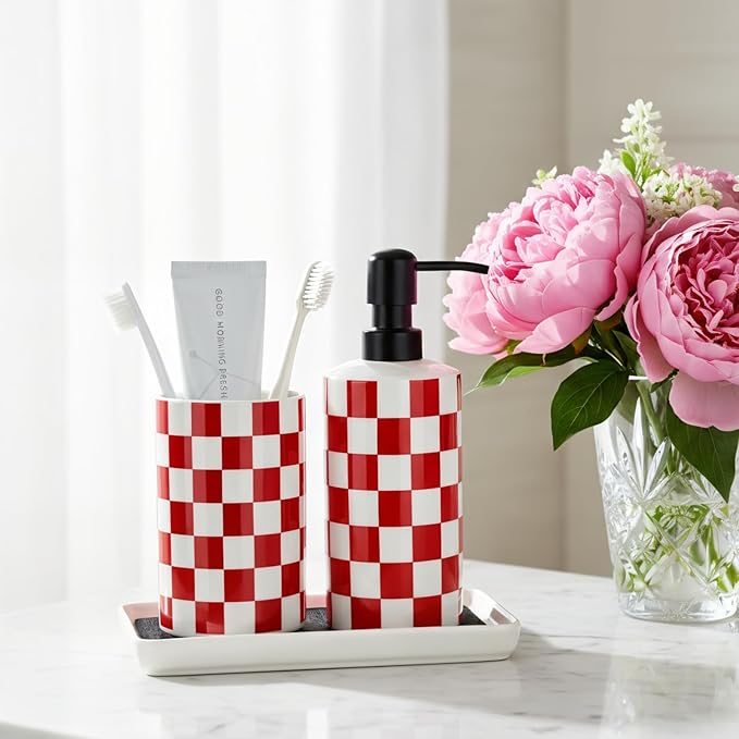 Ceramic Toothbrush Holder, Red Tooth Brush Holders for Bathrooms, Modern Cute Toothbrush Tumbler/Cup, Toothbrushes Toothpaste Dispenser for Countertop Storage, Checkered Bathroom Decor