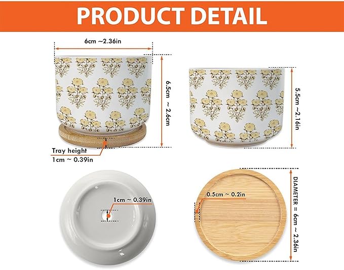 1 Piece Ceramics Pots for Plants Yellow Flower Small Succulents Plant Pot Watercolor Chinoiserie Floral Planter for Succulents Chinoiserie Plant Pot with Drainage and Bamboo Tray