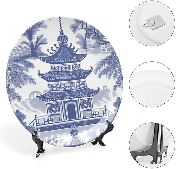 Chinoiserie Blue Asian Pagoda China Plates for Display Home Art Decoration Supplies Wedding Table Holiday Party Decorations Customize Gifts for Men Women Halloween, 6", 7", 9", 10"