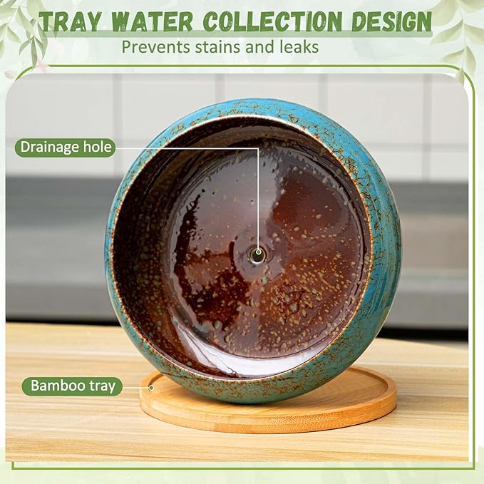 2 Pack 7.3 Inch Round Large Shallow Succulent Ceramic Planter Pots with Drainage Hole Drip Glazed Shallow Bonsai Pot with Bamboo Tray for Indoor Outdoor Plants Decor Cactus Flower