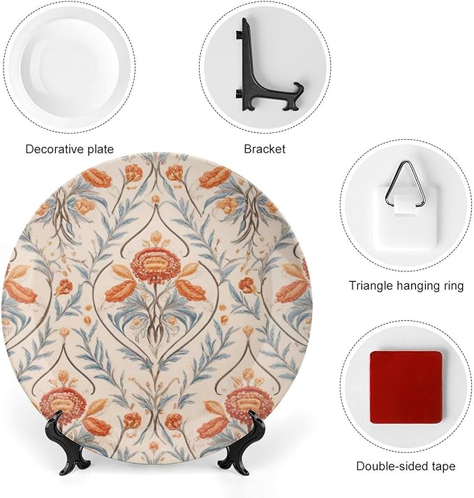 Vintage Orange Floral Fashion Plates, Birds Floral Pattern Customize Ceramic Dinner Plates for Art Decoration Wedding Display Decor, 1 Plate with 1 Display Stand Art Decorations for Household Club