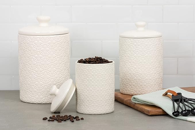 10 Strawberry Street CAN-HMPTN-WHT Kitchen Canister Set, 3 Piece, Hampton White