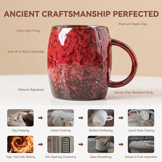 Rustic Red Ceramic Coffee Mug 15oz - Handcrafted Artisan Mug with Comfortable Handle, Unique Design for Coffee Lovers, Dishwasher Safe