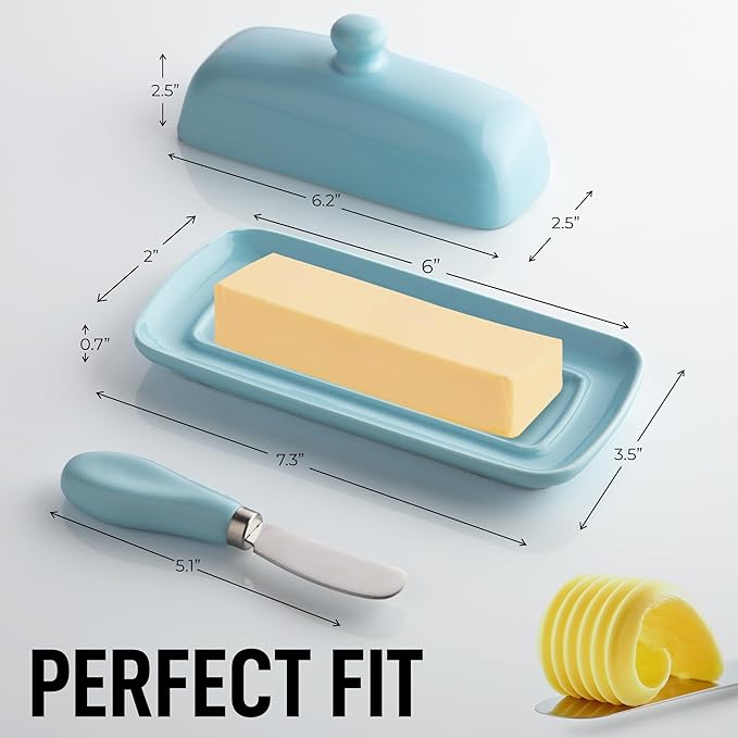 Zulay Kitchen Butter Dish With Lid For Countertop - Porcelain Blue, Ceramic Butter Dish with Knob Handle Great for Cooking - Elegant Design Butter Holder - Durable & Sturdy Butter Keeper - Light Blue