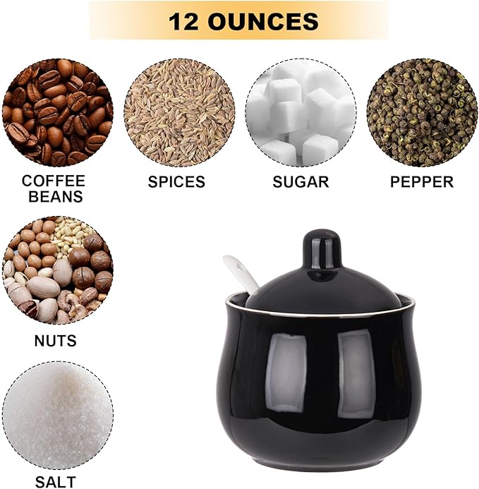 Ceramic Sugar Bowl with Lid and Spoon, Black Porcelain Sugar Salt Pepper Storage Jar, 12 Ounces