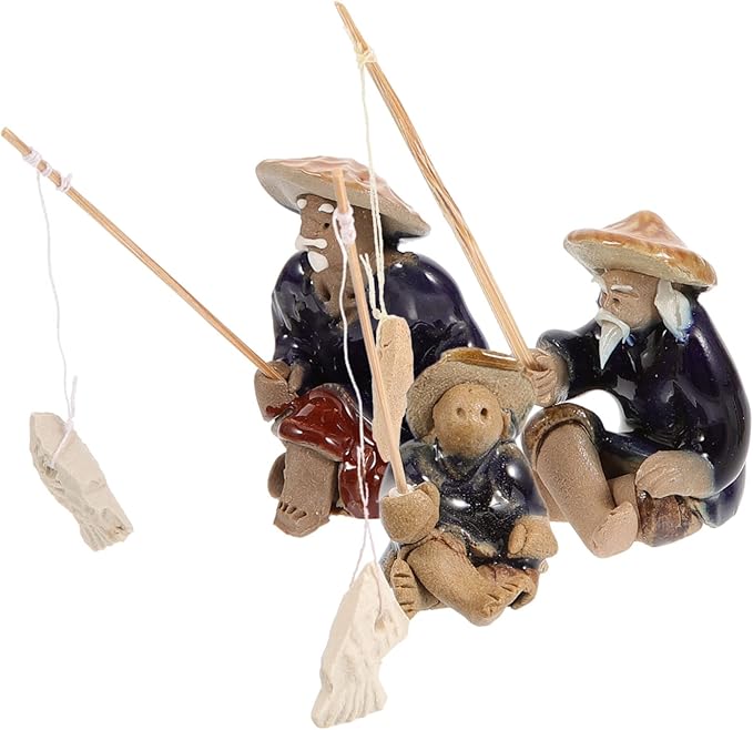 Mikikit 12pcs Miniature Fisherman Figurines Ceramic Old Man Statues for Garden Decor Bonsai and Aquariums Realistic Fishing Models for Landscape and Zen Gardens
