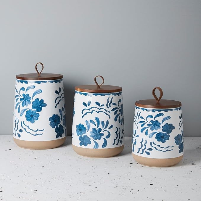 TTU Tabletops Gallery Ceramic Canister Collection- Stoneware Designed Kitchen Storage Acacia Wood White Set, 3 Piece Botanical Blue Canister Set