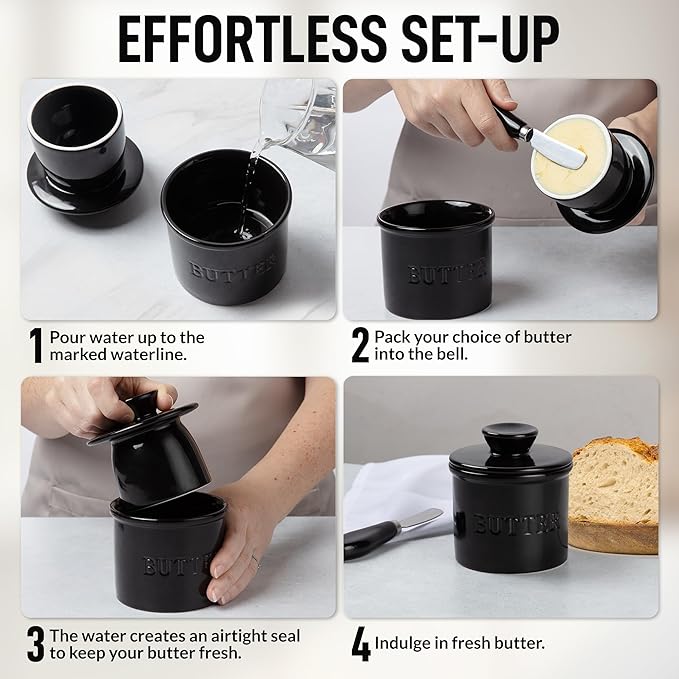 Zulay Kitchen Bell Shaped Butter Crock with Lid for Countertop with Water Line & Spreader Knife, Ceramic French Butter Dish Keeper For Fresh, Soft & Spreadable Butter - Black