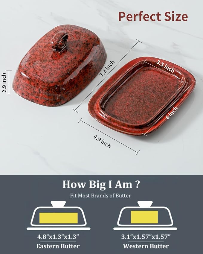 Hasense Butter Dish with Lid for Countertop and Refrigerator, Ceramic Butter Holder Container with Handle Cover, Porcelain Butter Tray Perfect for East West Coast Butter Stick, Dishwasher Safe, Red