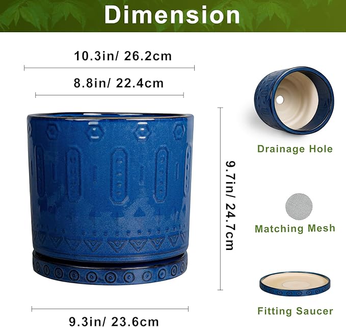 10 Inch Plant Pot - Ceramic Planter Outdoor Plant Pot Indoor with Drainage Holes and Saucer Large Flower Pot Round Decorative Planter for Garden Patio Decor Blue