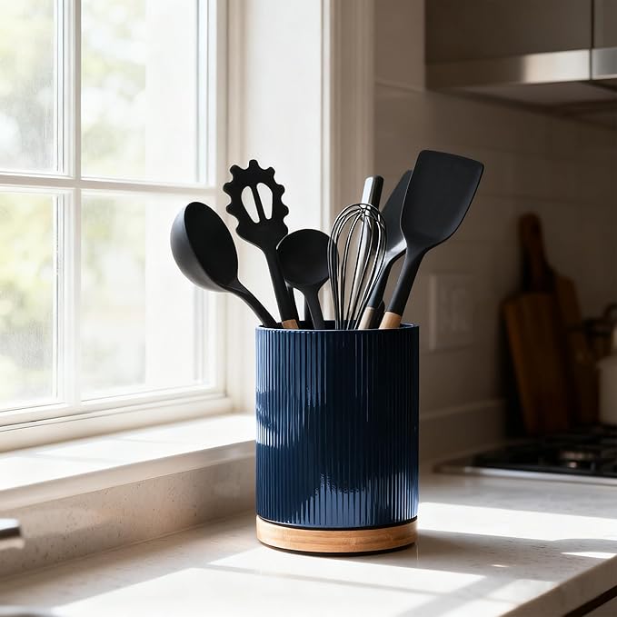 QUELIEN Utensil Holder, 360° Rotating Ceramic Kitchen Utensil Holder for Countertop, 7.7" Utensil Crock for Kitchen Counter with Rotatable Wooden Base,Ideal Housewarming Gift & Mothers Day Gift