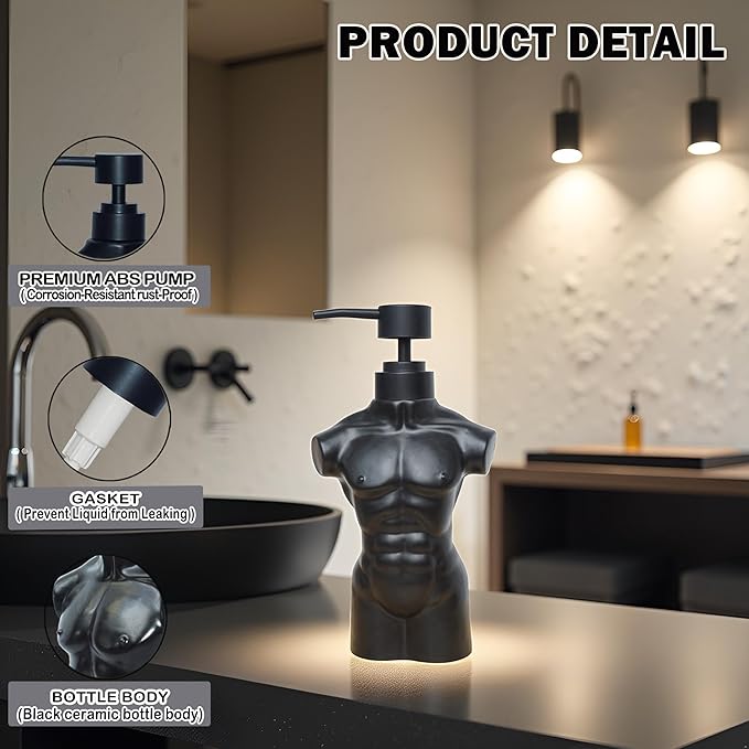 Ceramic Boy Soap Dispenser,Lotion and soap Dispenser Set Refillable Liquid Hand Soap Dispenser for Bathroom Kitchen (Black)