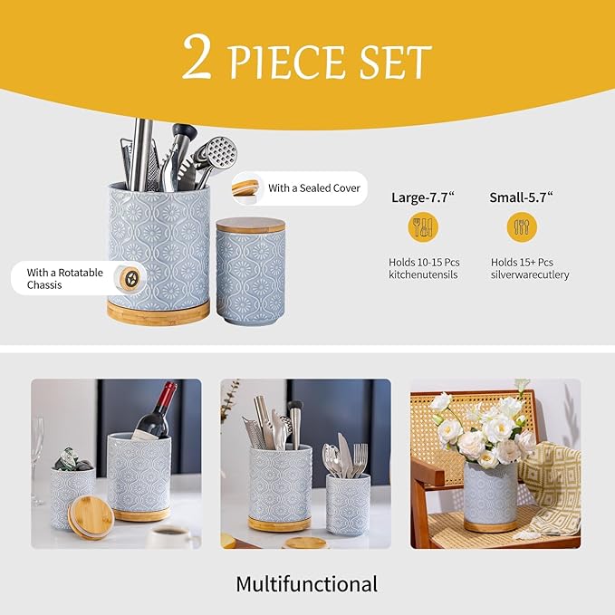 TEATALK Ceramic Utensil Holder Set, 360° Rotating Organizer for Countertop, Farmhouse Vintage Style, Large and Small Crocks in Light Blue，7.7"+5.7", Light Blue