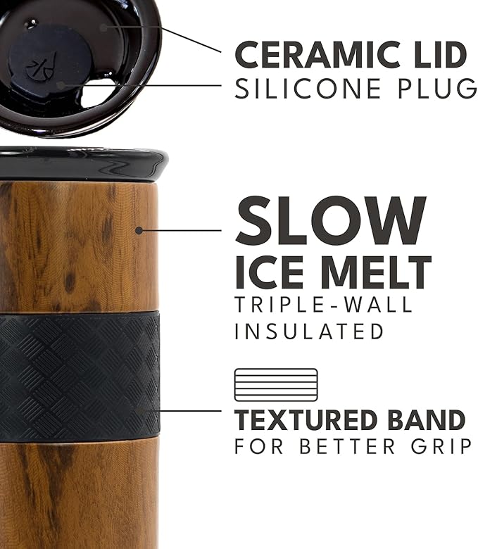 Elemental Artisan Inner Ceramic Coating Tumbler, Triple Wall Coffee Travel Mug, Reusable Stainless Steel Coffee Tumbler with Ceramic Lid for Hot (6 Hrs) & Cold (18 Hrs), 16oz - Teakwood
