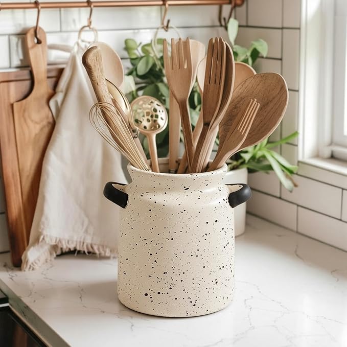 Qinyoung Rustic Kitchen Utensil Holder 6 Inch Small Ceramic Utensil Holder with Handle Vintage Crock Decoration Spatula Organizer for Kitchen Countertop Farmhouse Party Supplies(Beige,Speckled)