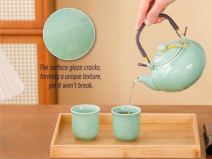 Japanese Tea Set for Adults, Japanese Gongfu Tea Set with 1 Teapot (23.5oz/700ml), 6 Tea Cups(4oz/120ml), Tea Tray & Stainless Infuser, Japanese Teapot Set Tea Gift Set (Kiln Mint Green)