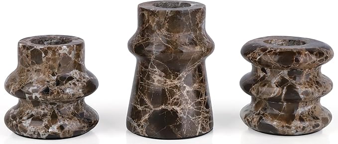 Vixdonos Marble Candle Holder Set of 3 Taper Candle Candlestick Mantle Candle Stand for Home Decor,Wedding,Party and Table Centerpieces(Brown)