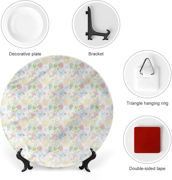 XISUNYA 7 Inch Decorative Plate, Doodle Dinner Plate, Trace Style Flora Fauna Print Ceramic Wall Hanging for Fine Dining, Upscale Event, Dinner Party, Weddings, Catering, Christmas, Thankgiving