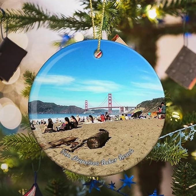 California San Francisco Baker Beach USA America Christmas Ornaments for Tree Ceramic Pendant Double Sided Ornament Decor Xmas Gifts Porcelain Hanging Travel Souvenirs Birthday Gift for Family Son