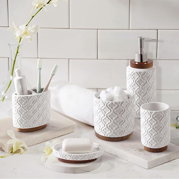 Elegant 5 PCS Ceramic&Wood Bathroom Accessories Set:Soap Dispenser,Toothbrush Holder,Tumbler,Soap Dish,Cotton Swab Jar,Easy to Clean,Quatrefoil Pattern,White-Affordable Home Luxury