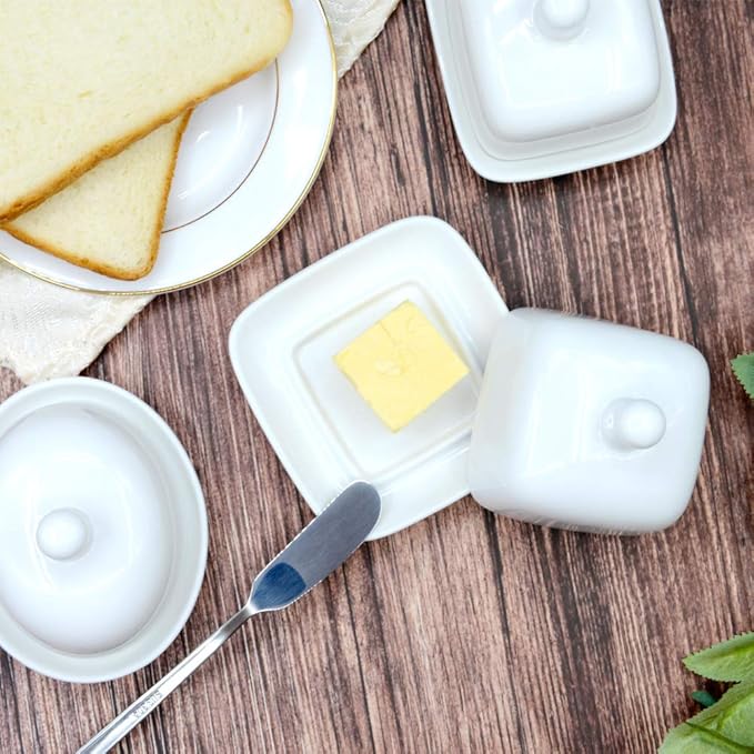 NAGU Mini Square Butter Dish with Lid, White Procelain Domed Cheese Dish with Handle Individual Serving Small Butter Tray, Cute Ceramic Dessert Serving Bowl for Table, Countertop, Refrigerator