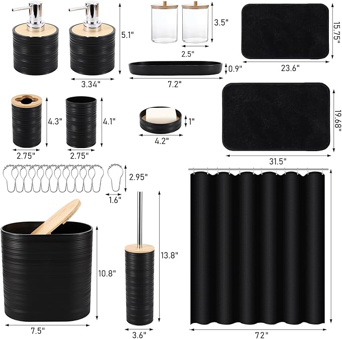 Bathroom Set - Black Bathroom Accessories Set, Bathroom Sets with Shower Curtain and Rugs, 25PC Shower Curtain Set with Hooks, Soap Dispenser, Soap Dish, Toilet Brush Holder and Trash Can