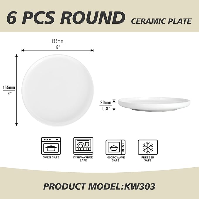 Ceramic Appetizer Plates Set of 6,Small Mini Dessert Plates 6 Inch,White Round Salad Plate,Porcelain Cake Plates for Waffle,Pie,Saucers,Snack,Cat Dishes,Microwave & Dishwasher Safe
