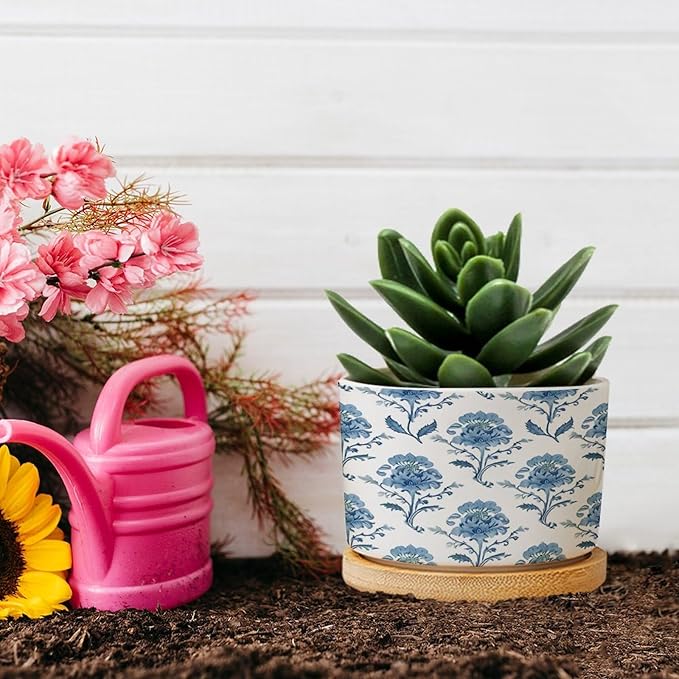 Mughal Flower in Ceramic Planters Blue Floral Planters for Indoor Plants with Drainage Holes and Saucers Pot for Indoor Outdoor Garden