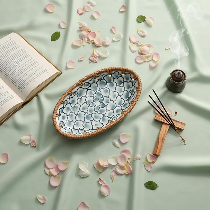 Rattan Ceramic Tray, Oval Fruit/Bread/Cookie/Jewelry Small Storage Porcelain Serving Plate, Vintage Decorative Display Plate for Coffee Table Home Decor Wedding Party Gift (Dark Green Cloud)