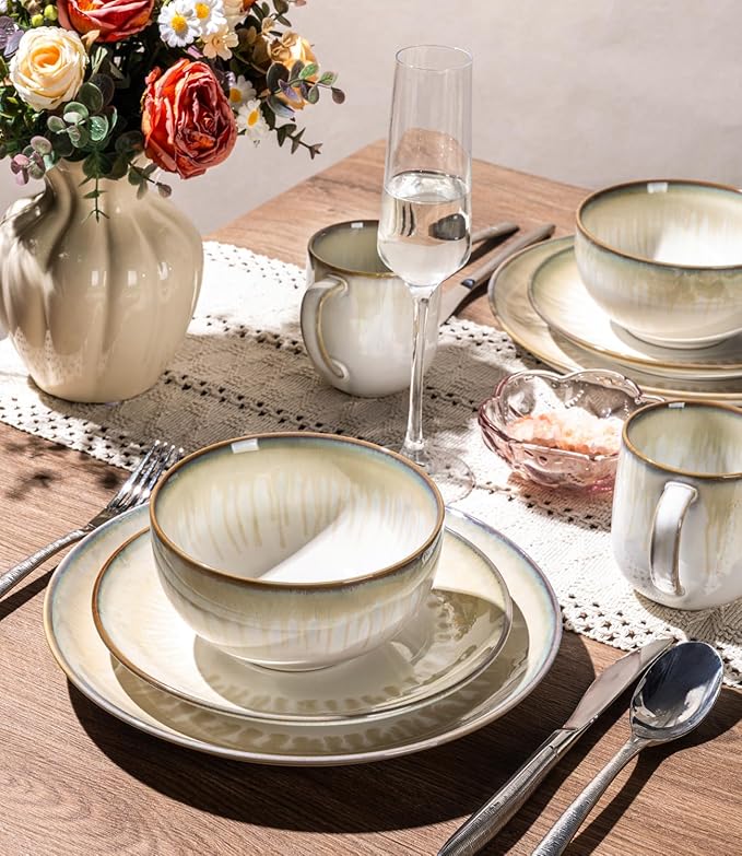 LERATIO Ceramic Dinnerware Sets for 4,Porcelain Plates and Bowls Sets,Handmade Reactive Glaze Dishes Set,Chip Resistant and Scratch Resistant | Oven&Dishwasher & Microwave Safe,Service for 4