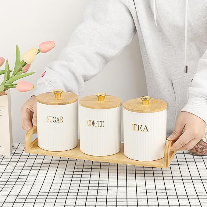 3 Pack Ceramic Canister Set with Bamboo Lids and Handle Tray, Coffee Tea Sugar Container Set, White Ceramic Storage Jar Kitchen Canister for Countertop, White-Style 2